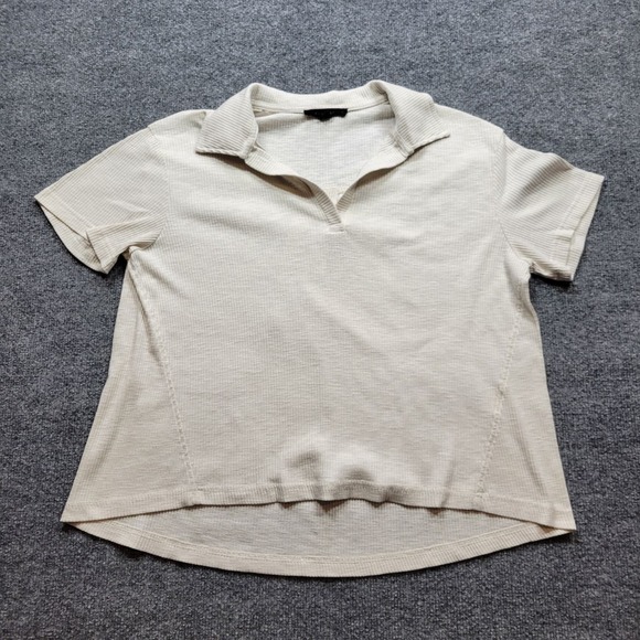 Jane & Delancey Top Women S Cream Ribbed Knit Collared Short Sleeve Casual Shirt - Picture 1 of 8